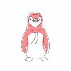 Fototapeta premium Cute cartoon penguin wearing a pink hoodie on a white background with copy space 