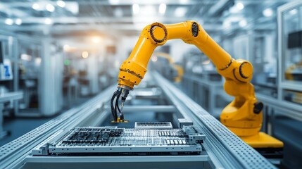 A robotic arm assembling electronic components in a state-of-the-art manufacturing facility.