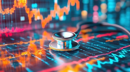 A stethoscope is placed on a digital display filled with vibrant medical data and fluctuating graphs illustrating health metrics