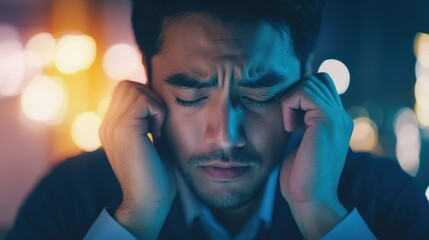 A man sits late at his office desk, rubbing his temples in stress while dealing with demanding tasks in low light