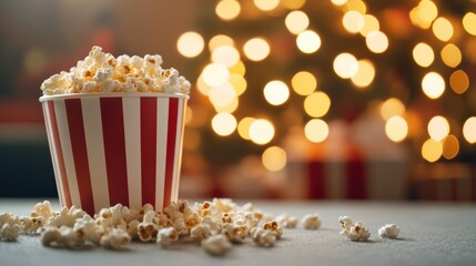 A striped popcorn bucket has spilled over on the floor of a movie theater, with popcorn scattered and festive lights softly glowing behind