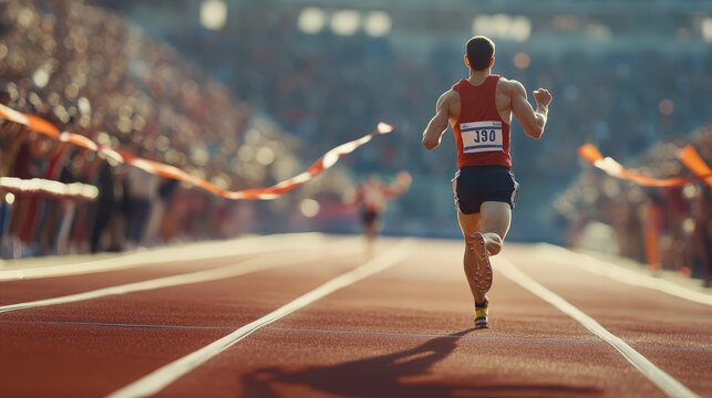 A runner crossing the finish line in a track race, with an expression of victory and exhaustion, and the crowd cheering in the background.