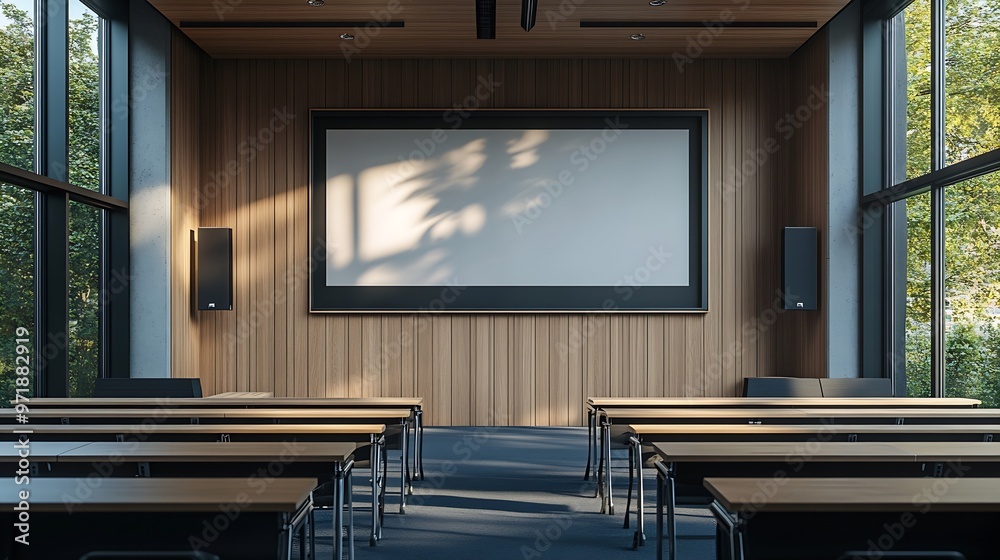 Poster empty modern conference room for presentations with big screen : generative ai