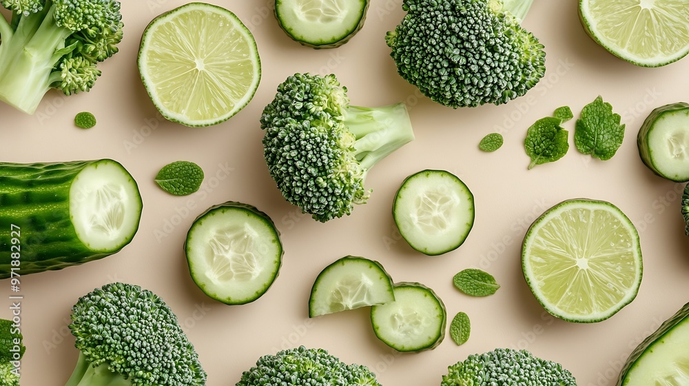 Poster Creative layout made of broccoli cucumber and lime on the beige background Food concept Macro concept : Generative AI