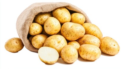 Fresh Yellow Potatoes in Burlap Sack Isolated on White Background