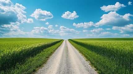 Fototapeta premium Country gravel road and green wheat fields with sky clouds natural landscape under blue sky : Generative AI
