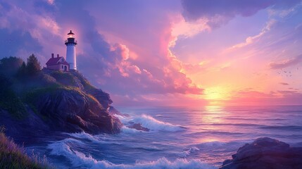 A serene coastal scene with a lighthouse perched on a rocky outcrop, overlooking calm waves and a picturesque sunset painting the sky.