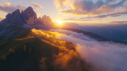 Mountains in low clouds at sunset in autumn in Dolomites Italy Landscape with alpine mountain hills in fog orange trees and grass in fall colorful sky with golden sunbeams Aerial view  : Generative AI