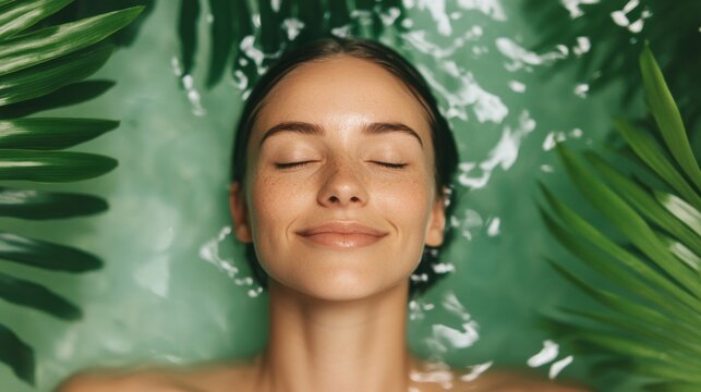 A woman relaxes in a tranquil spa environment, eyes closed, surrounded by soothing greenery, embracing serenity and calmness