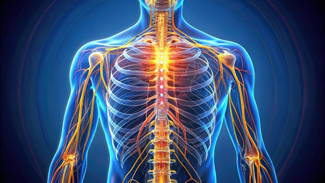 Detailed, colorful illustration of the human spinal cord, showcasing vertebrae, nerves, and surrounding muscles, with a subtle glow effect for educational or medical use.
