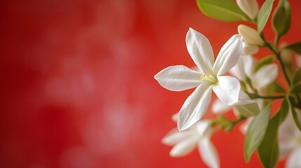 Blooming white jasmine flower on a red background Flower head closeup : Generative AI