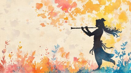 Naklejka premium Watercolor Silhouette of Man Playing Flute in Nature