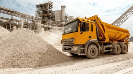 Obraz premium Yellow Dump Truck at a Construction Site with Piles of Sand