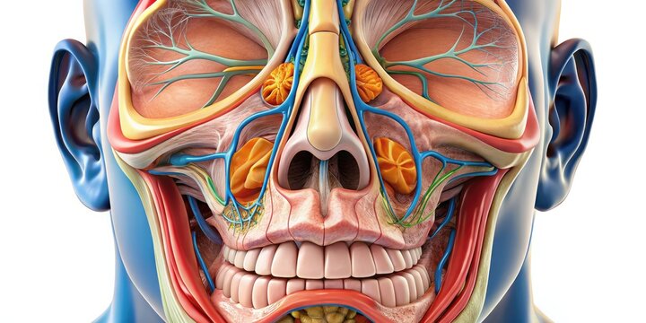 Detailed illustration of the human nasal cavity, showcasing internal structures including turbinate bones, nasal septum, and mucus-lined passageways, in a 3D anatomical representation.