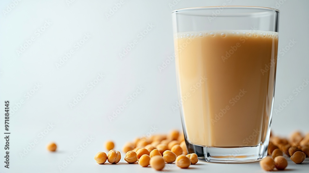 Poster Glass of chick pea milk and hickpea isolated on white background Top view flat lay : Generative AI