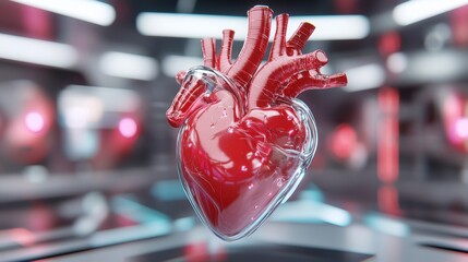 A transparent model of a human heart is displayed in a high-tech medical environment designed for advanced heart health technologies