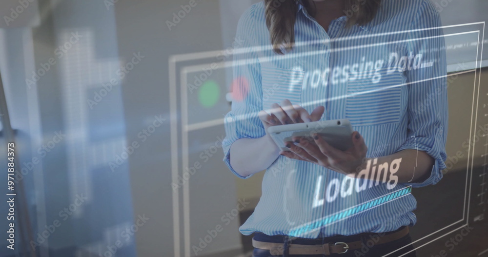 Poster processing data and loading image over woman using tablet