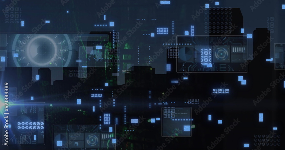 Poster image of digital data processing and circuit board over computer servers