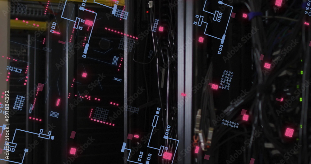 Poster image of digital data processing and circuit board over computer servers