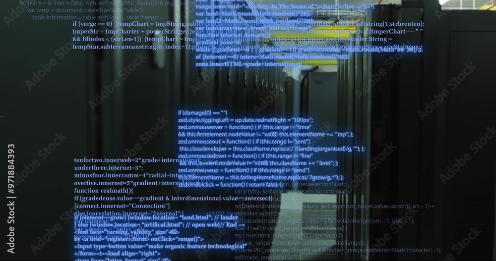 Poster image of digital data processing and circuit board over computer servers