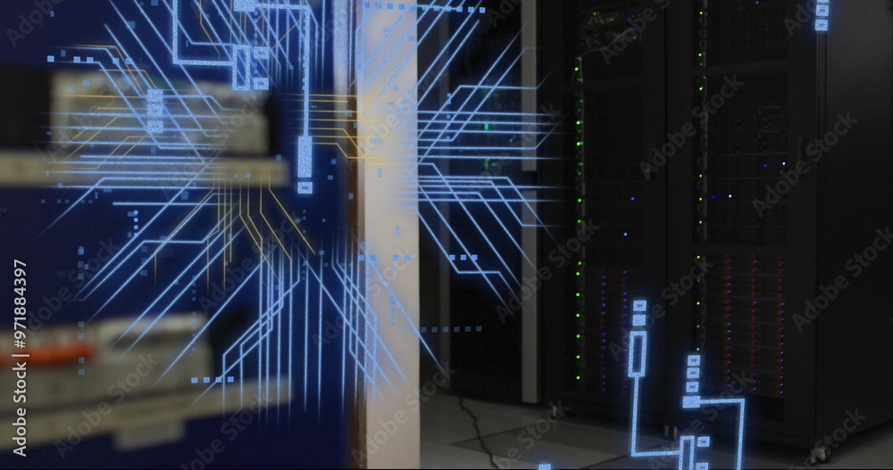 Poster image of digital data processing and circuit board over computer servers