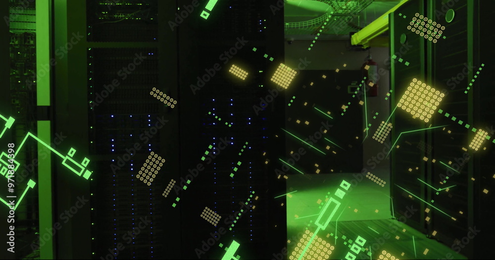 Poster image of digital data processing and circuit board over computer servers