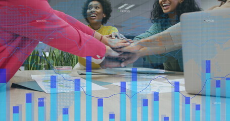 Image of data processing over diverse male and female colleagues hand stacking at casual meeting