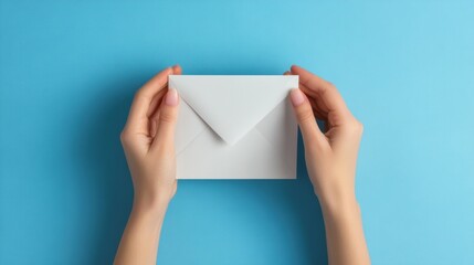 Two hands grasp a blank white envelope, poised above a bright blue surface, suggesting preparation for sending or gifting