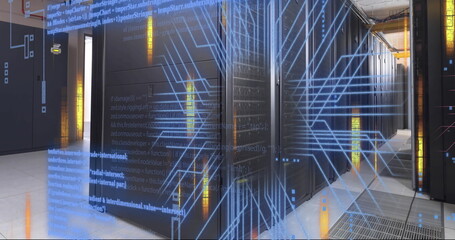 Image of digital data processing and circuit board over computer servers