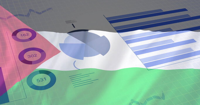 Graphs and charts image over waving Palestine flag background - Powered by Adobe