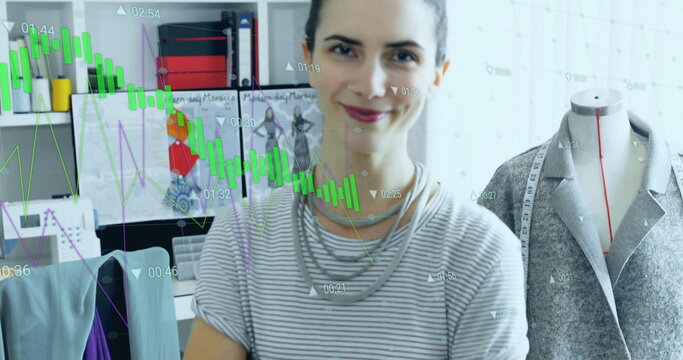 Image of data processing over happy caucasian female fashion designer at studio