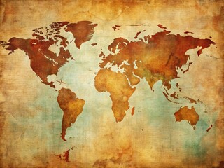 Distressed, worn, and faded world map from the mid-20th century, showcasing iconic borderless continents, classic typography, and nostalgic color palette on a textured, aged background.