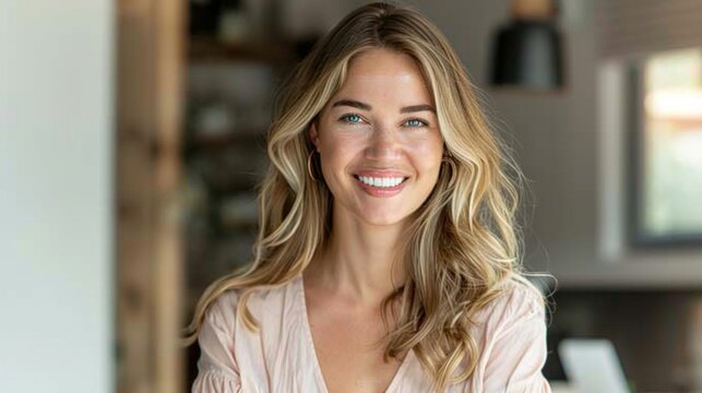 Positive Blond long hair woman at home