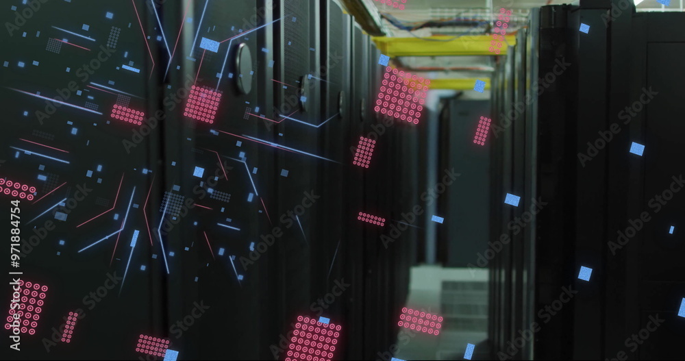 Poster image of digital data processing and circuit board over computer servers