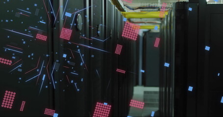 Image of digital data processing and circuit board over computer servers