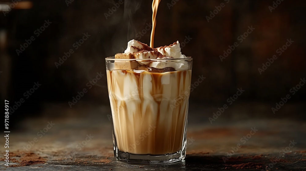 Poster ice coffee or latte with cream being poured into it a glass : generative ai