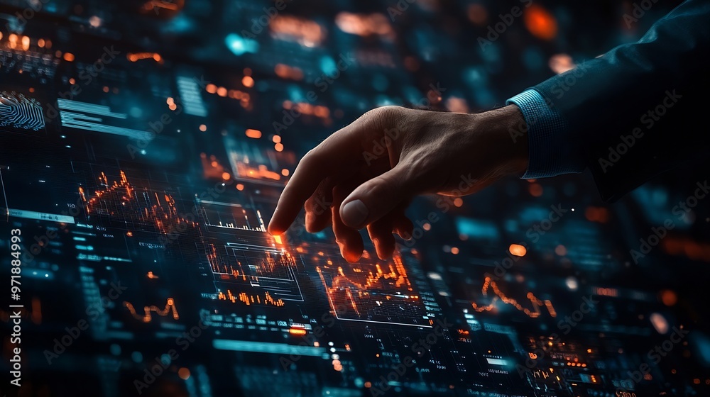 Poster businessman touching increase arrow graph corporate future growth year 2023 to 2024 new goals with p