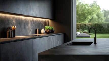 Sleek and stylish modern kitchen with dark stone countertops and gray cabinetry featuring minimalist design elements : Generative AI