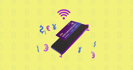 Image of wifi and currency icons, smartphone and credit card over yellow background