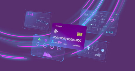 Image of screens with data and credit card over purple background