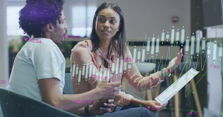 Image of financial data processing over diverse business people in office