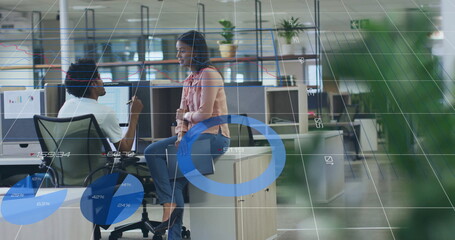 Image of financial data processing over diverse business people in office