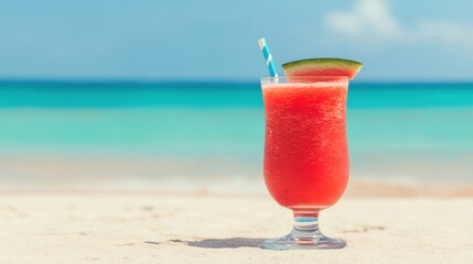 A delicious watermelon smoothie sits on warm sand near sparkling turquoise waters on a sunny beach day