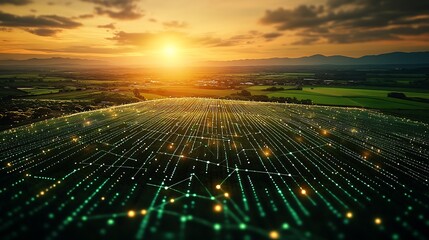 Aerial view of farmland and communication network concept Agritech Internet of Things : Generative AI