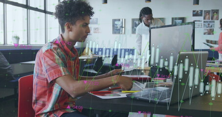 Image of financial data processing over biracial businessman in office