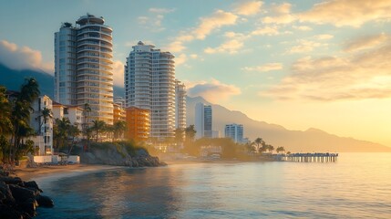 Fototapeta premium Luxury condominiums and apartments on Playa De Los Muertos beach and pier close to the famous Puerto Vallarta Malecon the city largest public beach : Generative AI