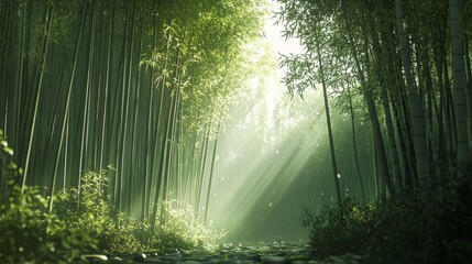 Fototapeta premium A tranquil bamboo forest with sunlight streaming through the tall, slender stalks and a gentle breeze rustling the leaves, creating a calming and serene scene