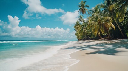 A tranquil beach scene with powdery white sand, gentle turquoise waves lapping at the shore, and a backdrop of lush palm trees swaying in the breeze.