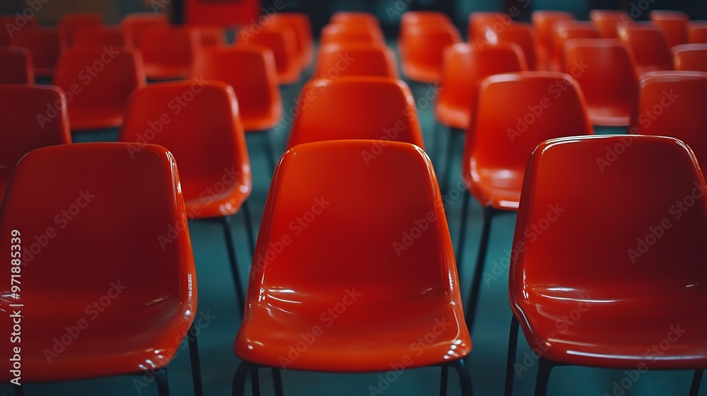 Poster Ranges of empty red chairs Closeup shot : Generative AI