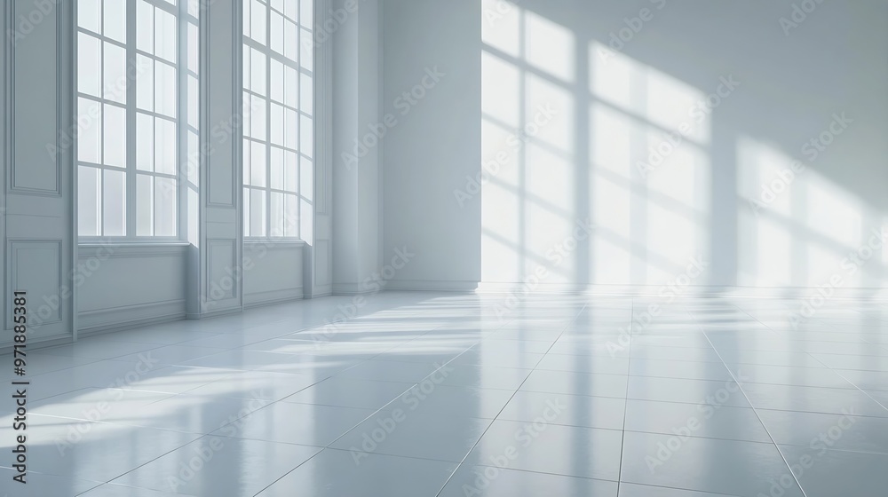 Poster white empty studio room interior design white walls and corner tiled white empty floor background lu